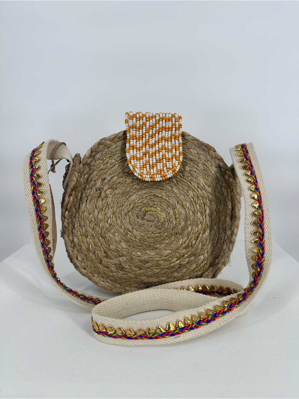 ZOI By Mufubu 100% Hand Crafted Round Woven Jute Beaded Crossbody Hand Bag NWT - Picture 8 of 16